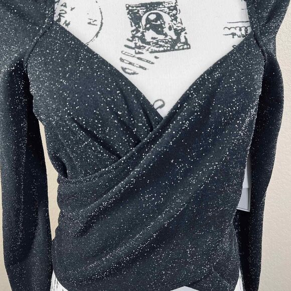 1 state black glitter print  top Cropped Textured Wrap Top long sleeve size M - Picture 3 of 16
